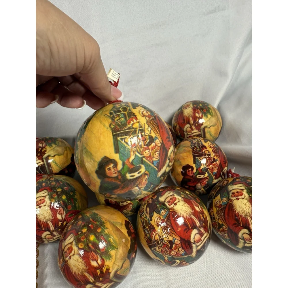 Vintage Paper Mache Christmas Ornament Large Round Santa w/Kids Lot Of 11 RARE